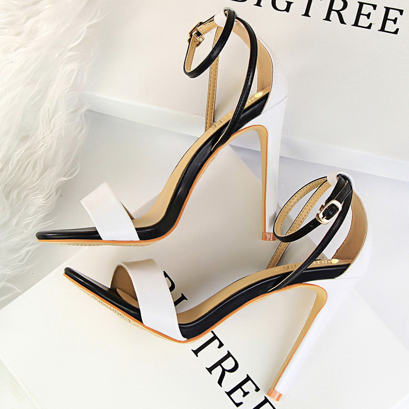 Casual Sandal Leather - Mulheres preto-branco conciso couro 11cm sandálias